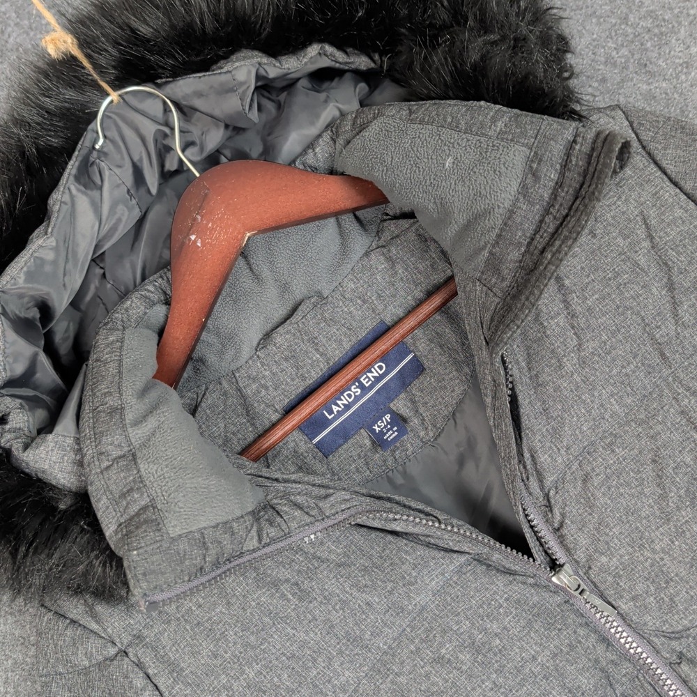 Lands End Womens Gray Down Insulated Long Puffer Parka Faux Fur Hood XS 2-4